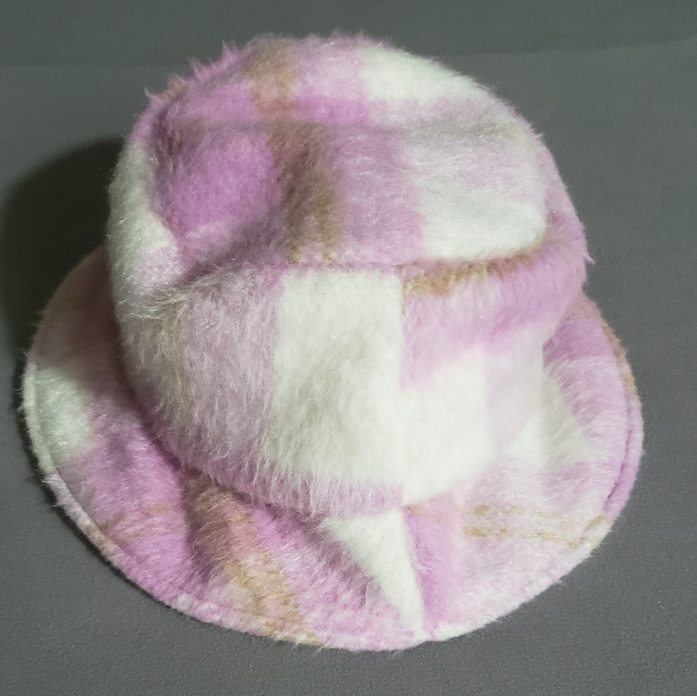 Plaid Faux Fur Wide Brim Bucket Hat